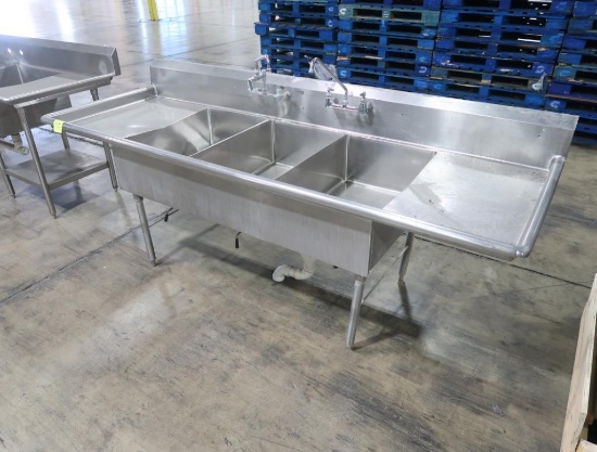 stainless 3-comp sink w/ L&R drain boards, pre-rinse