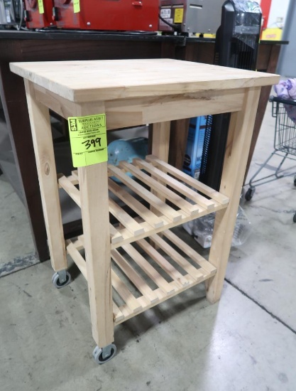 oak table w/ two casters and two shelves
