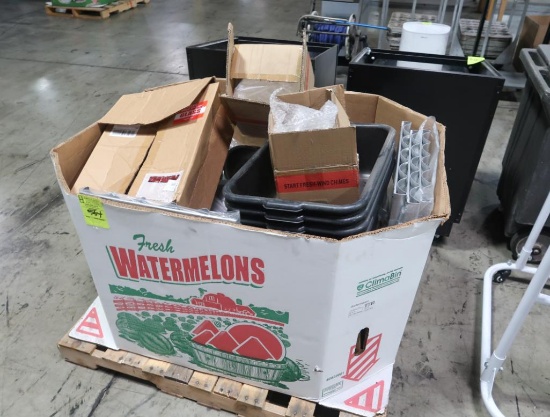 crate of misc. baguette pans, plastic tubs,