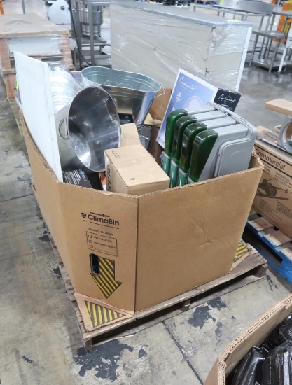 crate of misc. cutting boards, poly top, floral buckets