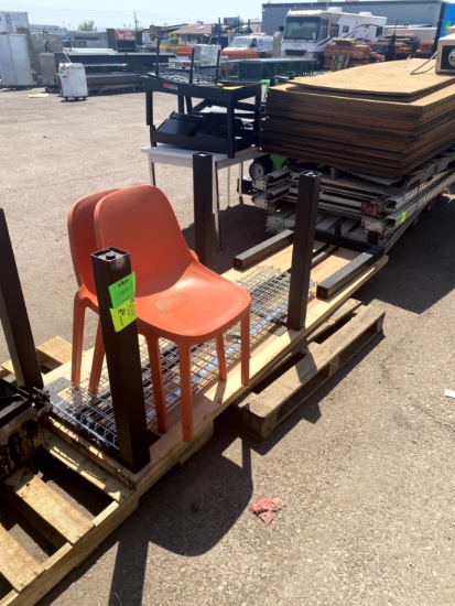 WOOD TABLE AND TWO PLASTIC CHAIRS