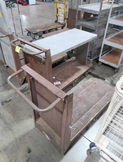 steel low flat carts, one w/ shelf attachment