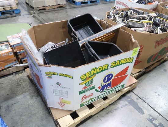 crate of misc. stainless bowls, tub bins, hotel pans,