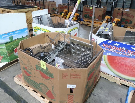 crate of misc. fry baskets, taco shell fry basket,