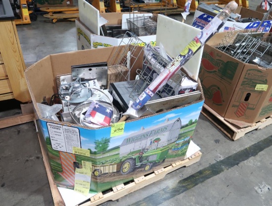 crate of misc. microwave, standing fan, baguette pans
