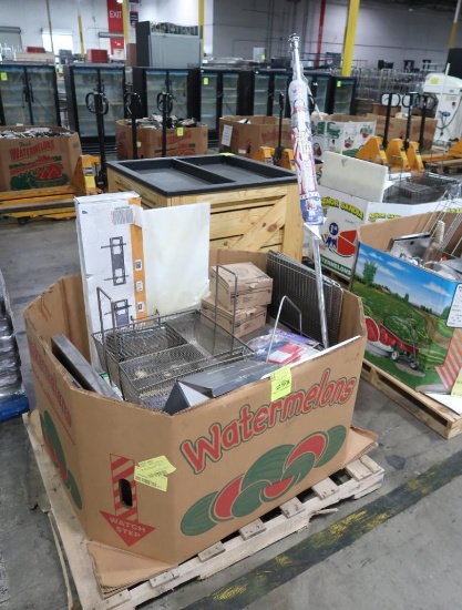 crate of misc. U.S. flag, fry basket, tv mount,