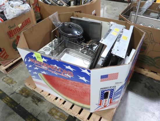 crate of misc. fry baskets, cupcake pans,
