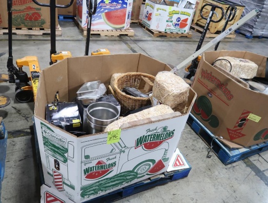 crate of misc. staw bale, wicker baskets, bungee cords,