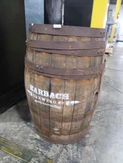 Karbach branded oak whisky barrel