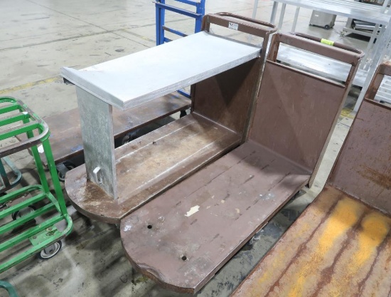 steel low flat carts, one w/ shelf attachment