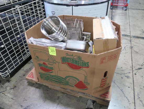 crate of misc. stainless hotel pans, steam pans,