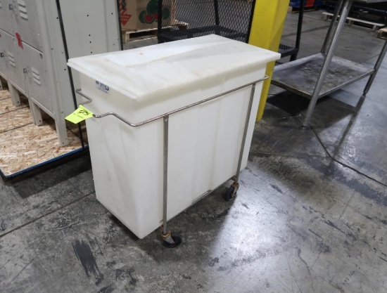 dry ingredient bin in metal frame w/ casters