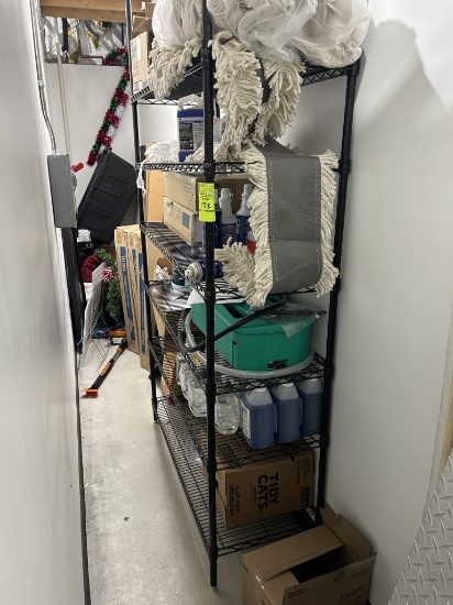 4FT BLACK METRO RACK AND ASSORTED CLEANING SUPPLIES