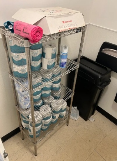 (2) 24IN STAINLESS RACKS AND (2) TRASH CANS LOCATED IN BATHROOMS