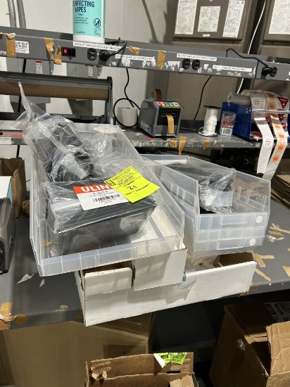 PLASTIC BINS W/ ULINE SHELF DIVIDERS