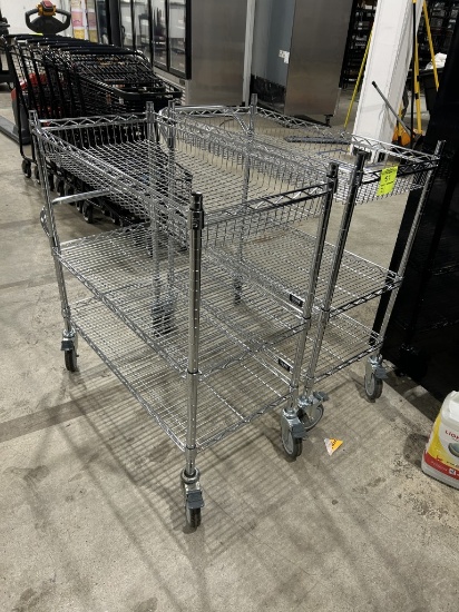 ULINE 36IN X 18IN X 39IN STAINLESS RACKS W/ BASKET TOPS ON CASTERS