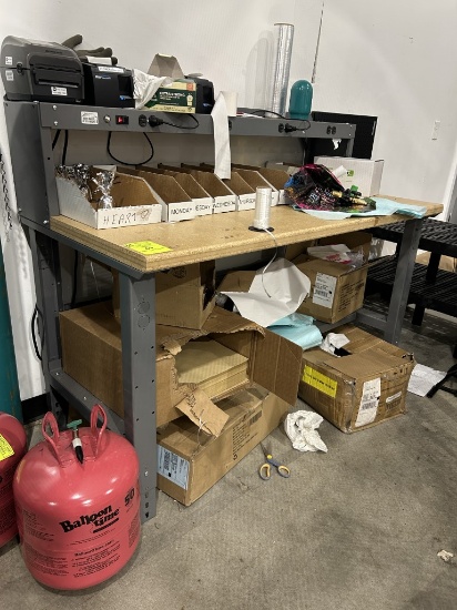 ULINE 5FT WOOD TOP ADJUSTABLE HEIGHT METAL WORK TABLE W/ BACK SHELF AND OUTLETS