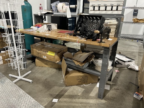 ULINE 6FT WOOD TOP ADJUSTABLE HEIGHT METAL WORK TABLE W/ STEM CUTTER AND BACK SHELF