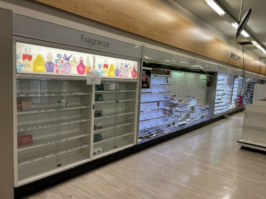 83FT OF LOZIER WALL SHELVING W/ COSMETICS SHELVES
