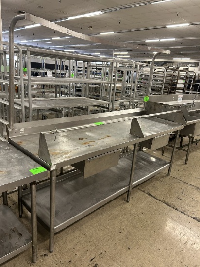 8’ STAINLESS STEEL TABLE WITH POT RACK, DRAWERS AND BOTTOM SHELF