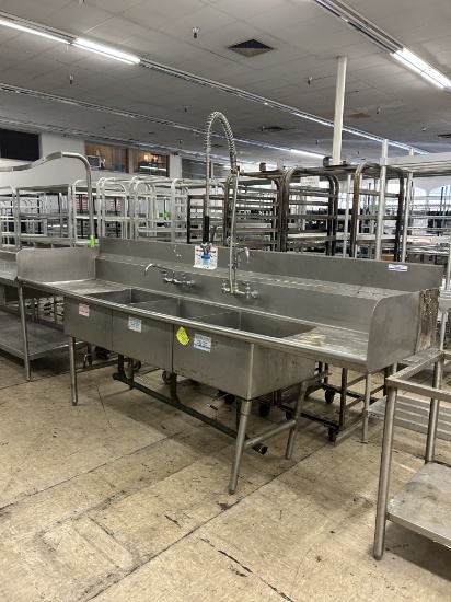 STAINLESS STEEL 3 COMPARTMENT SINK WITH 2 FAUCETS, LEFT & RIGHT SIDE SPLASH