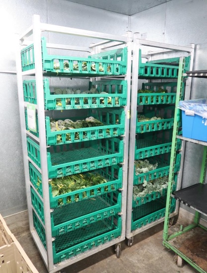 aluminum produce racks, on casters, w/ plastic bins