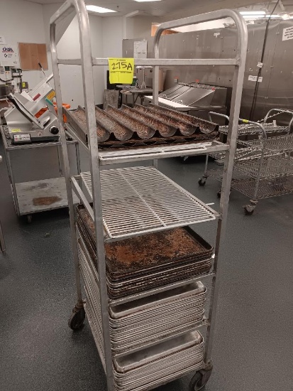 aluminum tub/tray rack, on casters, w/ aluminum sheet pans