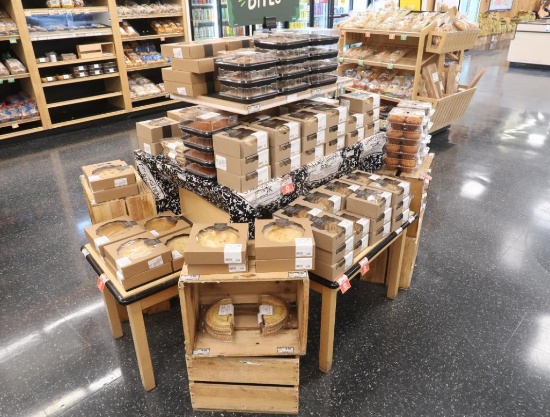 wooden bakery merchandising table w/ outriggers