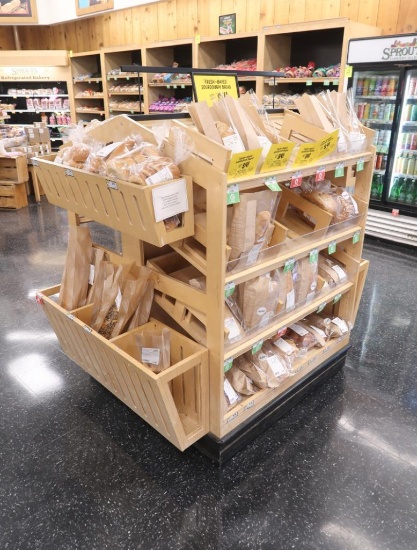 wooden bakery merchandising shelving unit