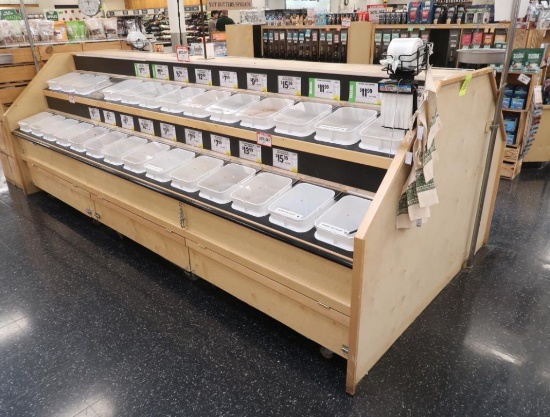 wooden 2-sided, reach-in bulk bin merchandiser