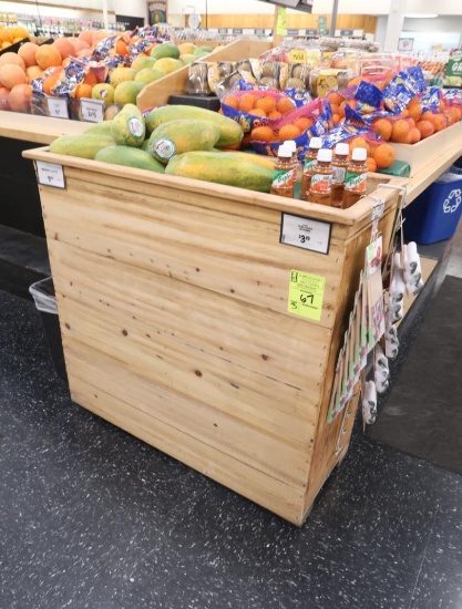 wooden produce merchandisers- solid one side, shelves on other