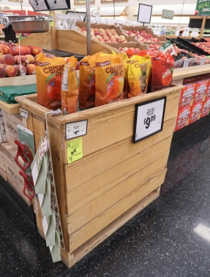 wooden produce merchandisers- solid one side, shelves on other