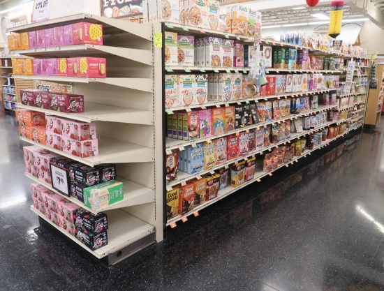 Lozier gondola shelving- 24' run w/ 2) 4' endcaps