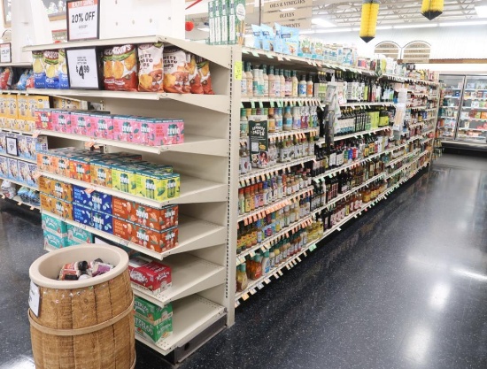 Lozier gondola shelving- 24' run w/ 2) 4' endcaps