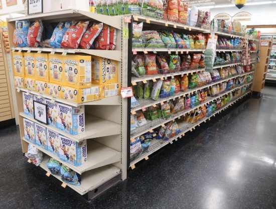 Lozier gondola shelving- 21' run w/ 2) 4' endcaps