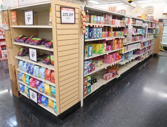 Lozier gondola shelving- 21' run w/ 2) 4' endcaps