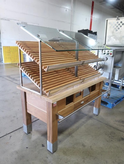 wooden bread merchandiser w/ glass sneeze guard