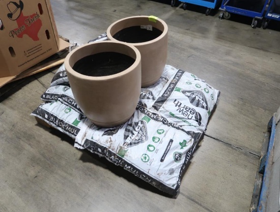pallet of New Earth black mulch & 2) clay pots (cracked)