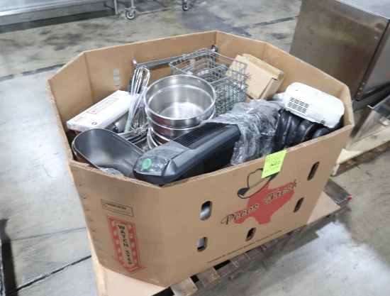 crate of misc- Epson LCD projector, vertical fan, wire baskets,