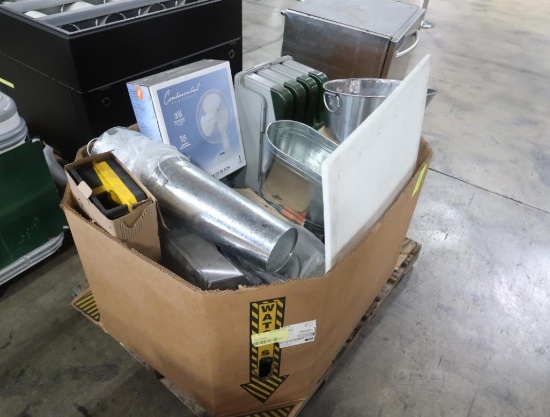 crate of misc. cutting boards, poly top, floral buckets