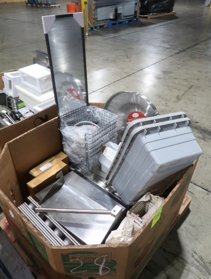 crate of misc. stainless hotel pans, sheet pans,