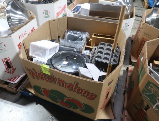 crate of misc- Detecto hanging scales, muffin pans,
