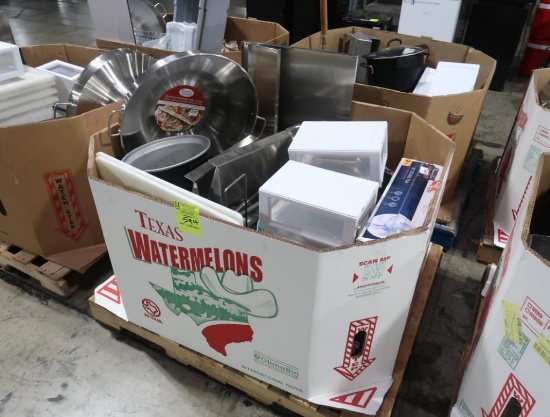 crate of misc- Comal pan, french loaf pans,