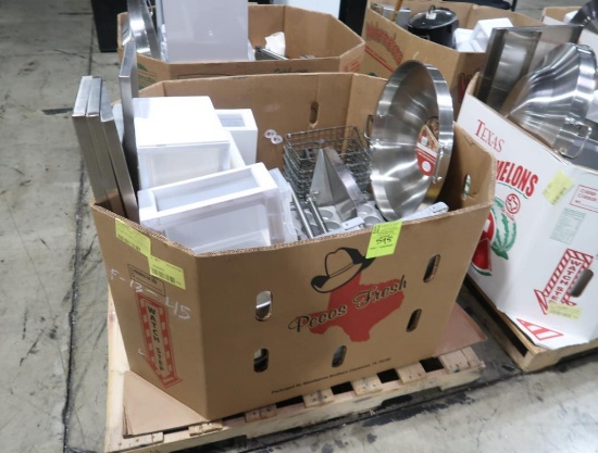 crate of misc- electric griddle, stainless soup pots,