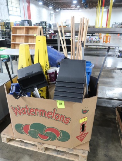 crate of misc cleaning supplies- mop buckets & handles,