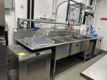 STAINLESS STEEL 3 COMPARTMENT SINK W/ SPRAYER AND SHELF