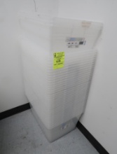 stack of plastic storage bins