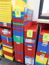 stack of plastic storage bins