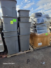PALLET OF TRASH CANS AND LIDS