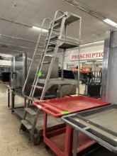 COMMERCIAL ALUMINUM TILT-AND-ROLL STOCK-PICKING LADDER WITH DUAL HANDRAILS